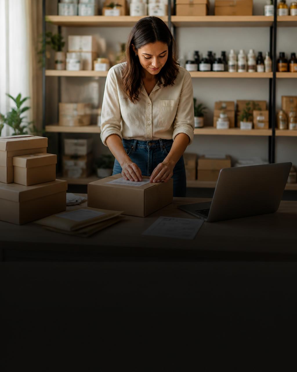 Person preparing ecommerce orders at a small modern fulfillment workspace
