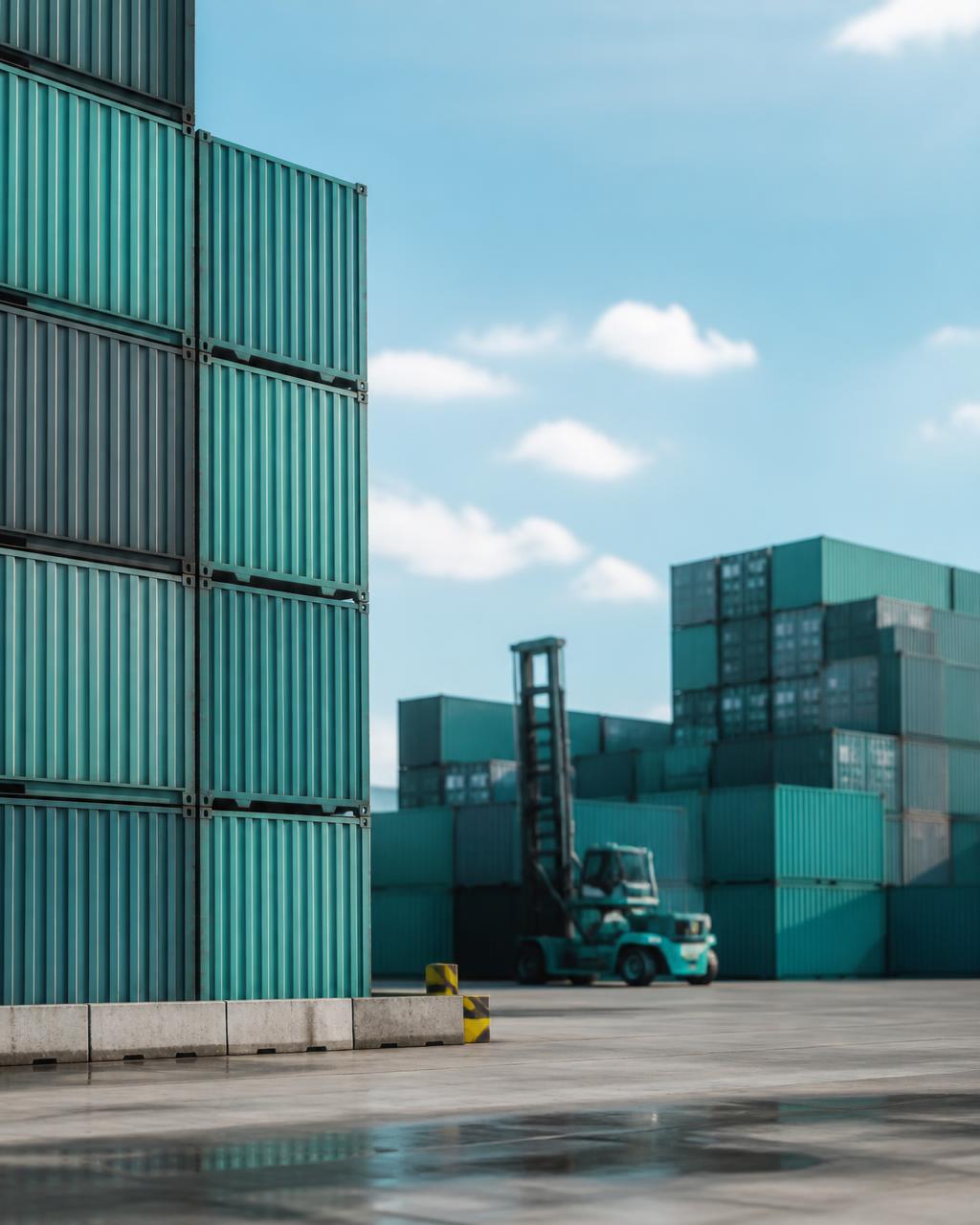 Stacked shipping containers in a freight forwarding container yard