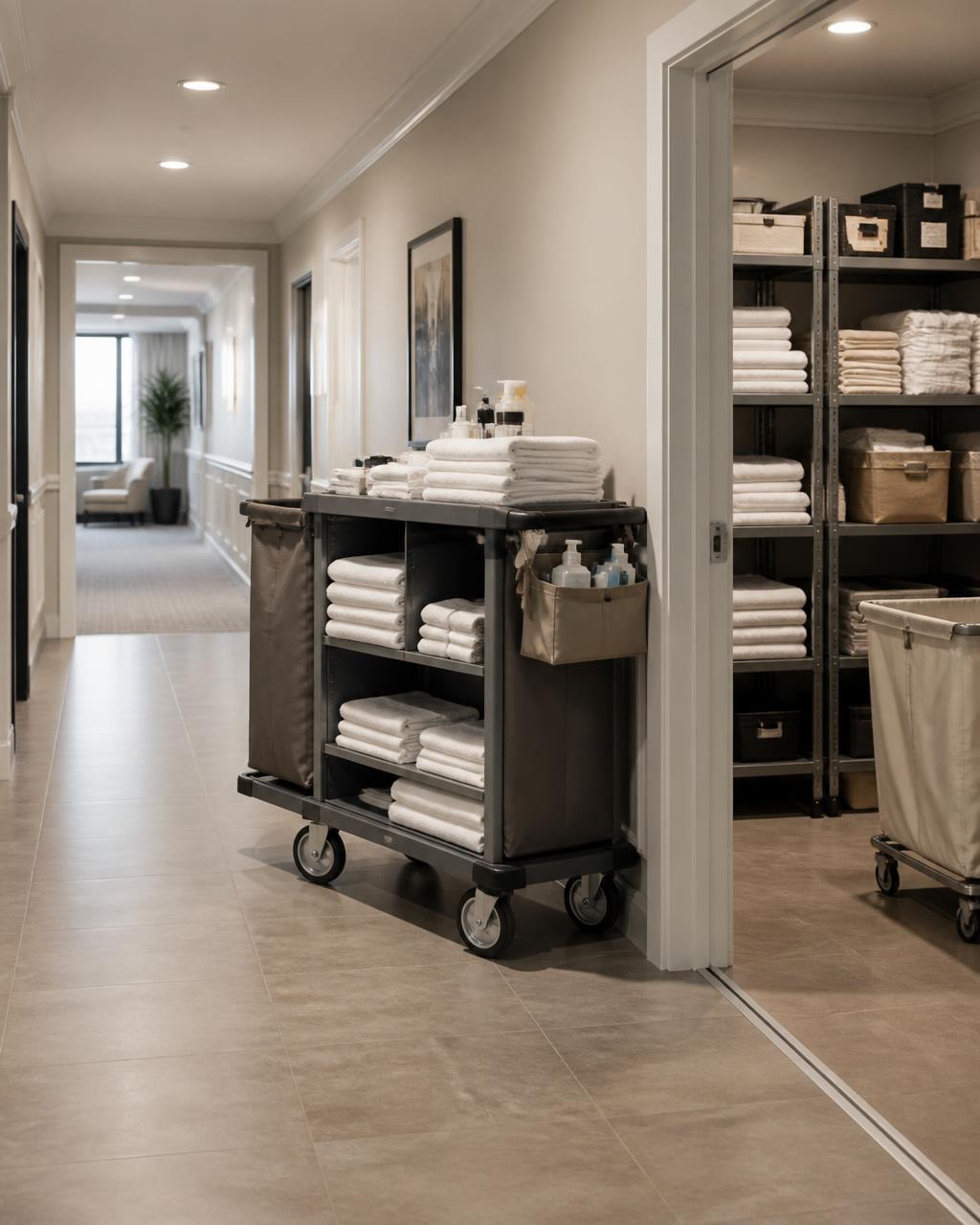 Hotel housekeeping supply trolley and linen storage in a service area