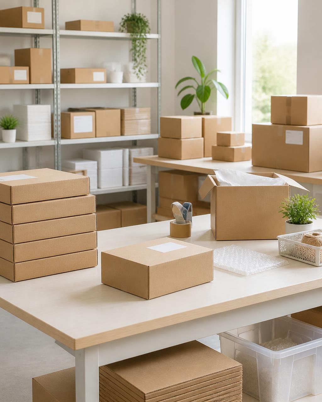 Clean packaging station with labelled cartons and packing materials