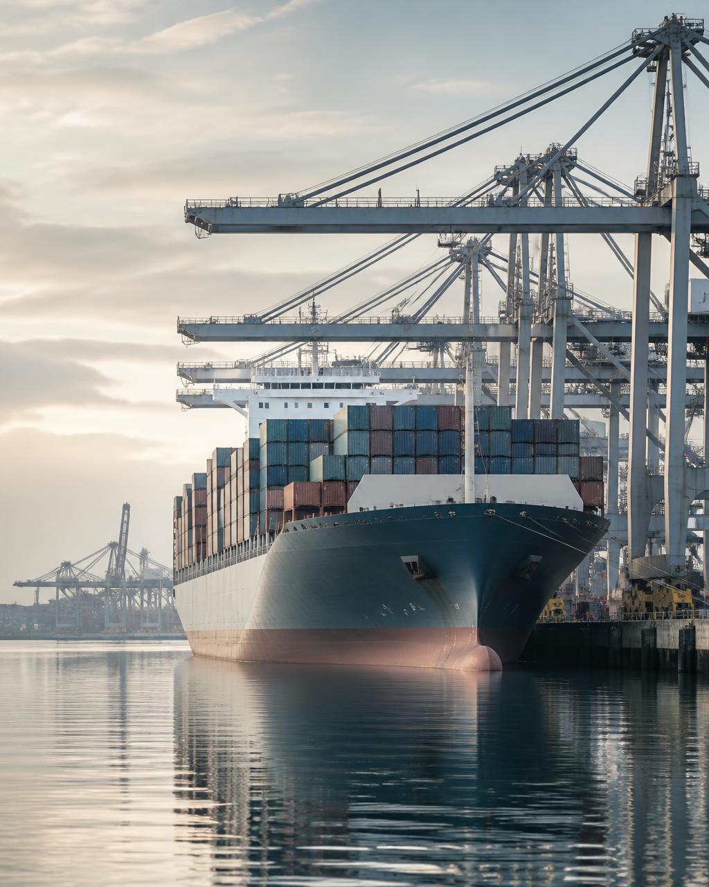 Container vessel alongside a port terminal with gantry cranes