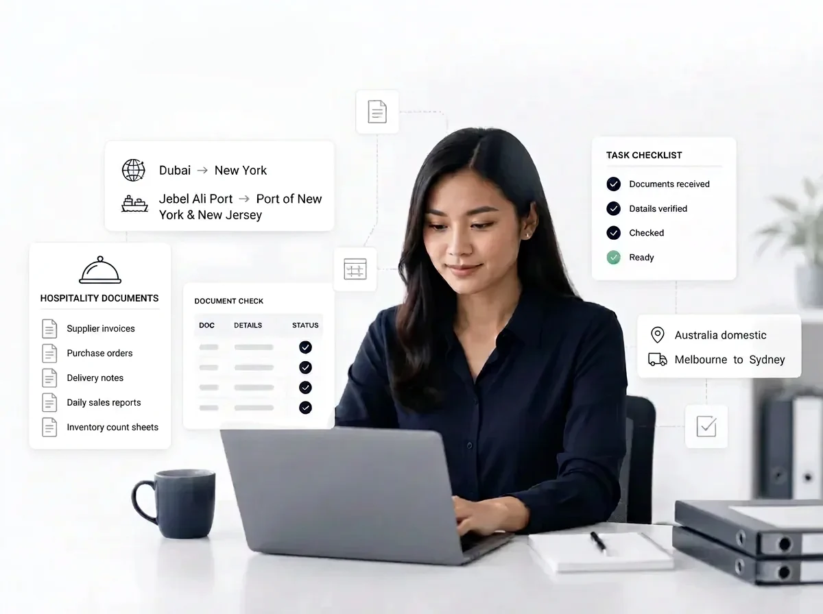 Professional reviewing shipping document checks on a laptop, with task checklists, route cards, and shipping documents visible for K5 back-office task support.